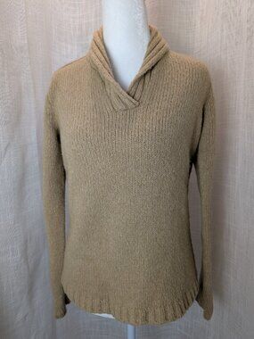 Vintage J. Crew Women's V Neck Roll Neck Merino Wool Blend Tan Sweater Size M